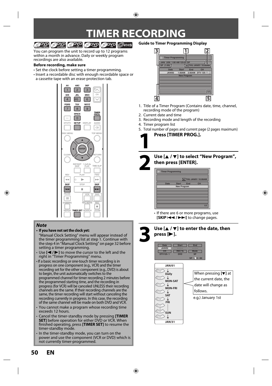 Timer recording, 50 en, Press [timer prog | Use [ k / l ] to enter the date, then press [ b | Toshiba DVR670KU User Manual | Page 50 / 124