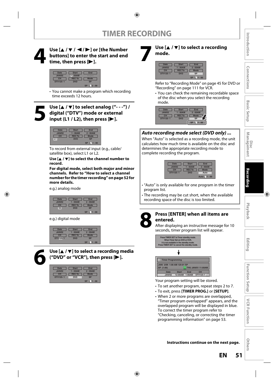 Timer recording, 51 en, Use [ k / l ] to select a recording mode | Auto recording mode select (dvd only), Press [enter] when all items are entered | Toshiba DVR670KU User Manual | Page 51 / 124