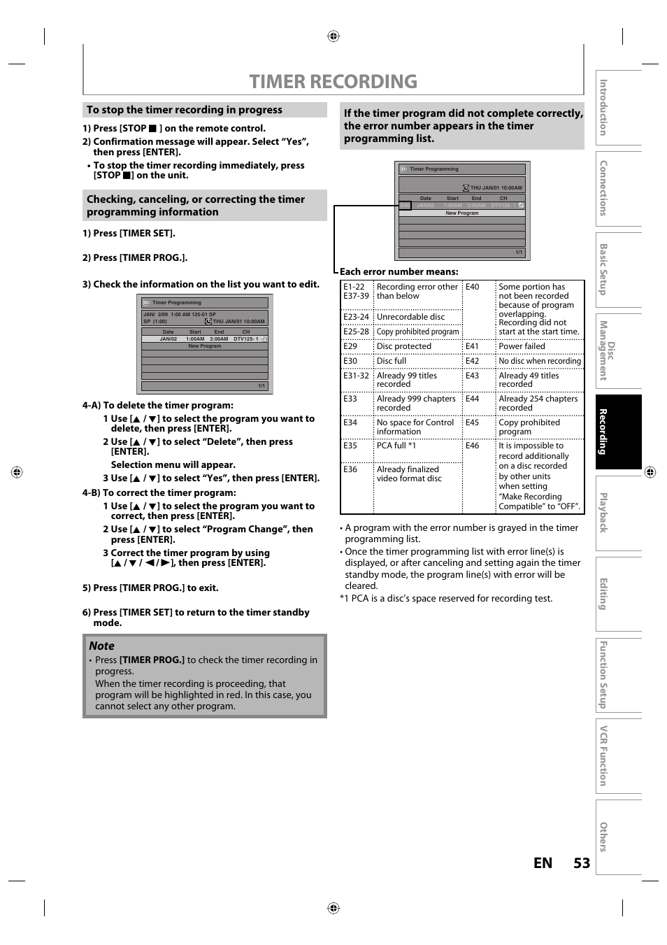 Timer recording, 53 en | Toshiba DVR670KU User Manual | Page 53 / 124