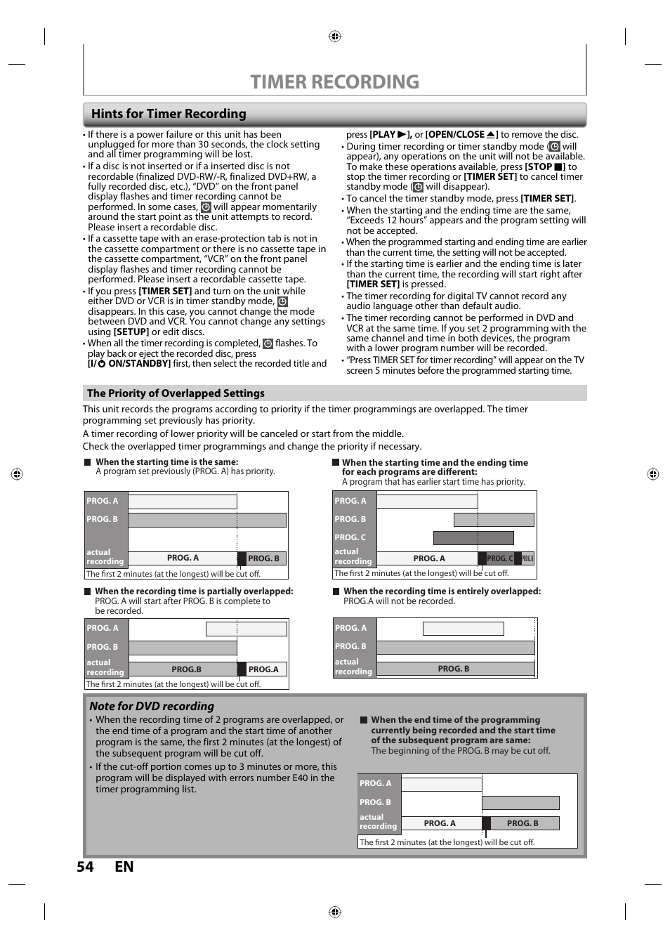 Timer recording, 54 en, Hints for timer recording | Toshiba DVR670KU User Manual | Page 54 / 124