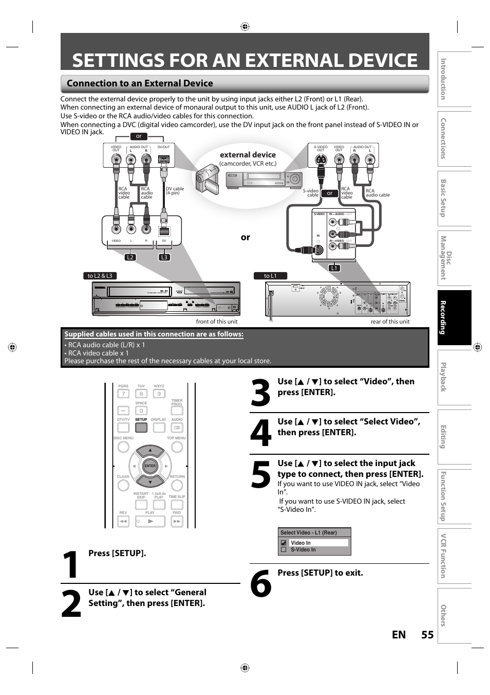 Settings for an external device, 55 en, Connection to an external device | Toshiba DVR670KU User Manual | Page 55 / 124