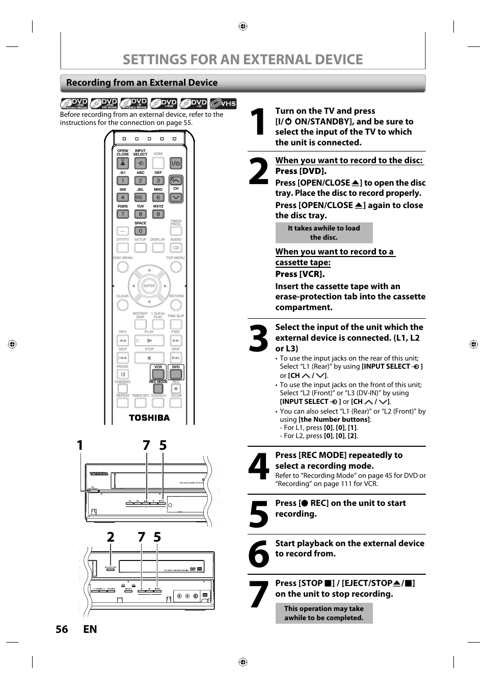 Settings for an external device, 56 en, Recording from an external device | Toshiba DVR670KU User Manual | Page 56 / 124