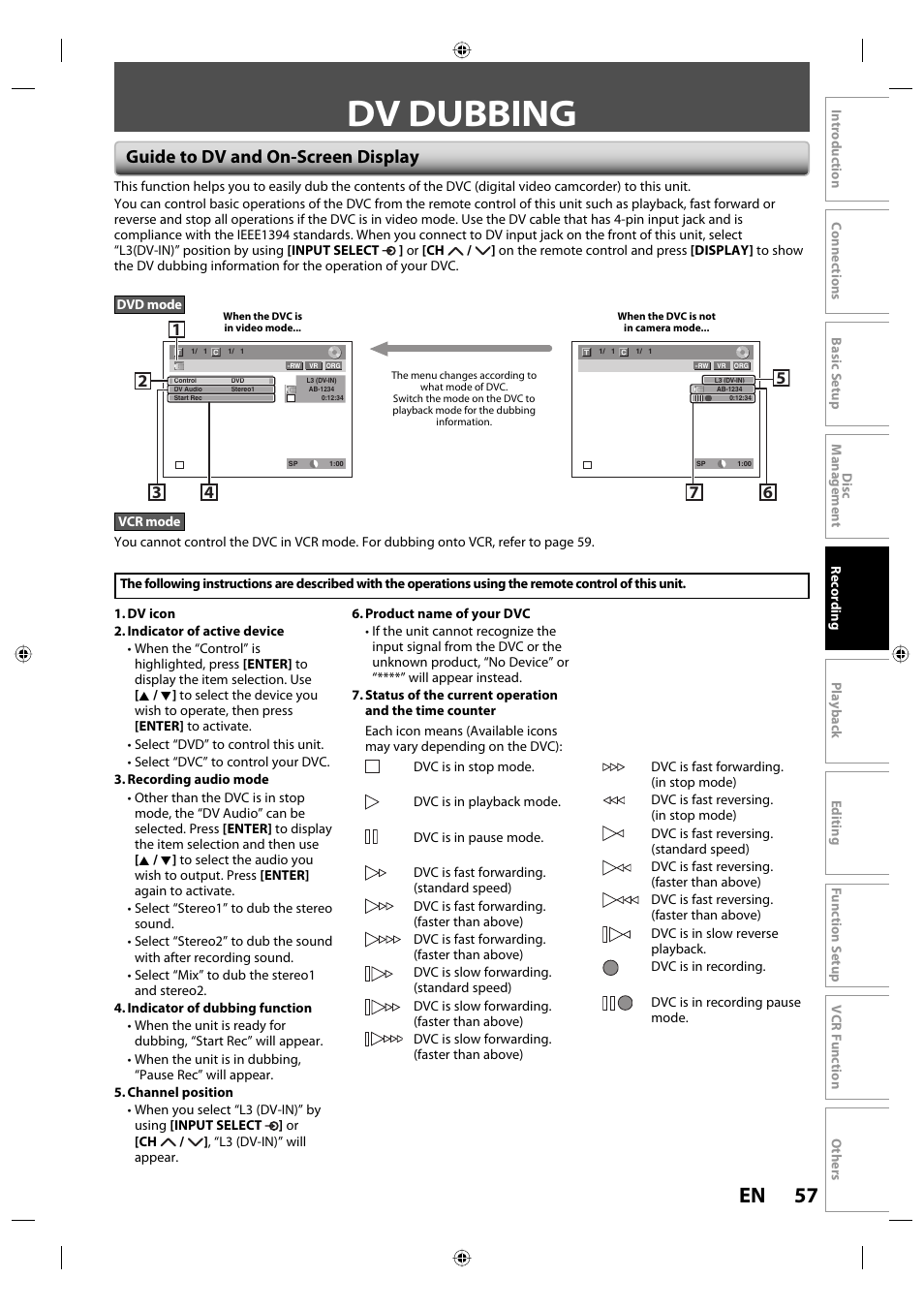 Dv dubbing, 57 en, Guide to dv and on-screen display | Toshiba DVR670KU User Manual | Page 57 / 124