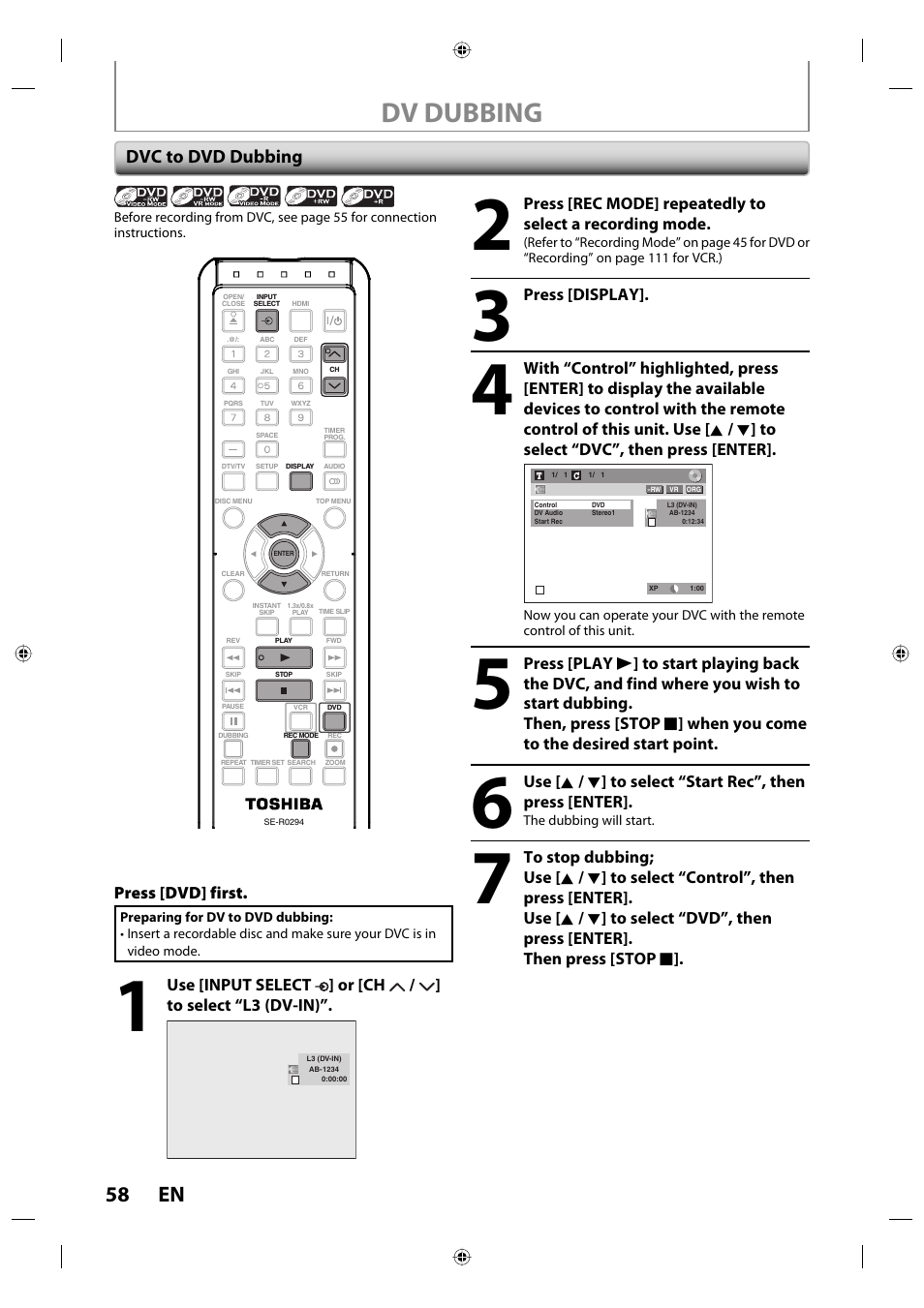 Dv dubbing, 58 en, Dvc to dvd dubbing | Toshiba DVR670KU User Manual | Page 58 / 124