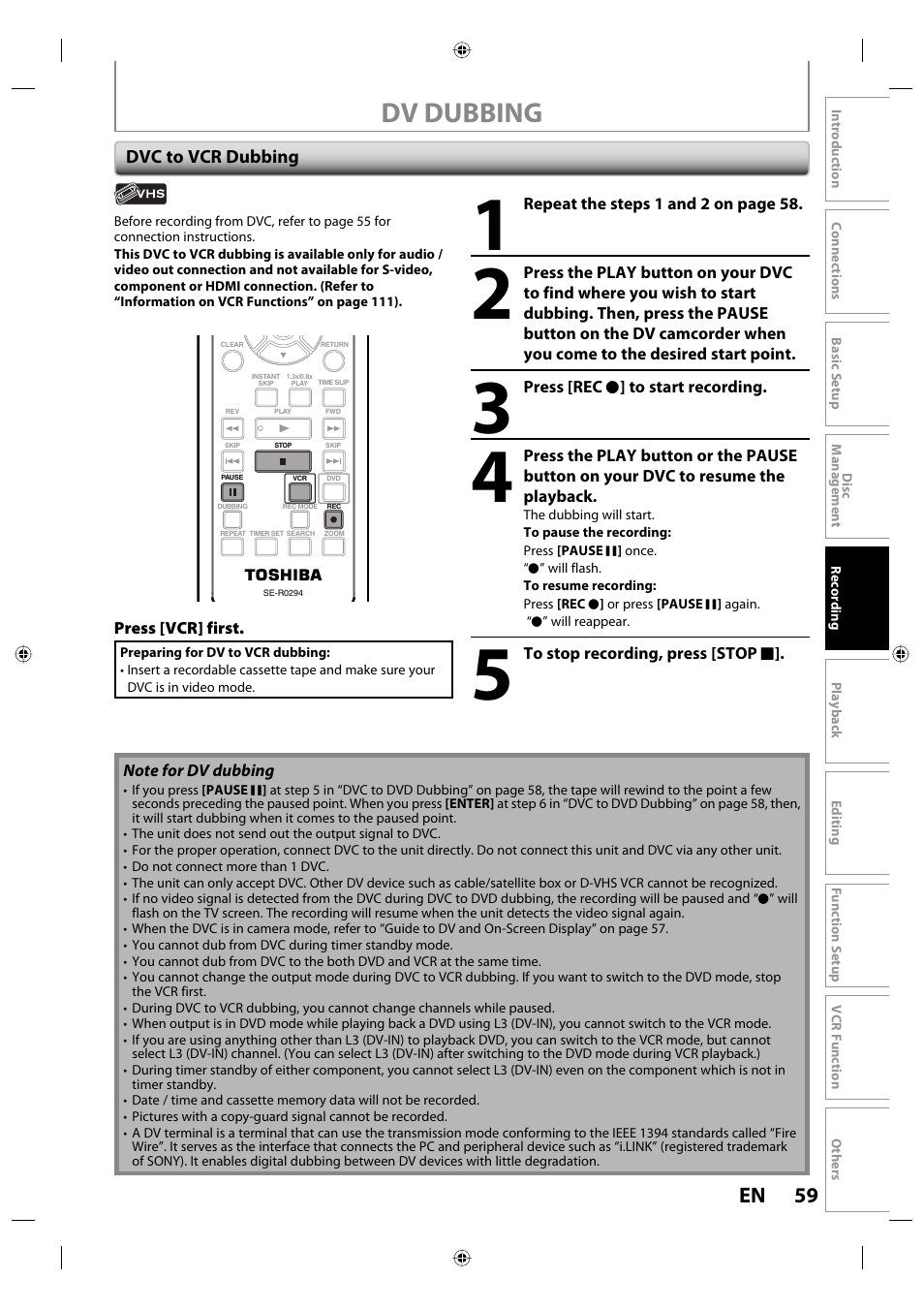 Dv dubbing, 59 en | Toshiba DVR670KU User Manual | Page 59 / 124