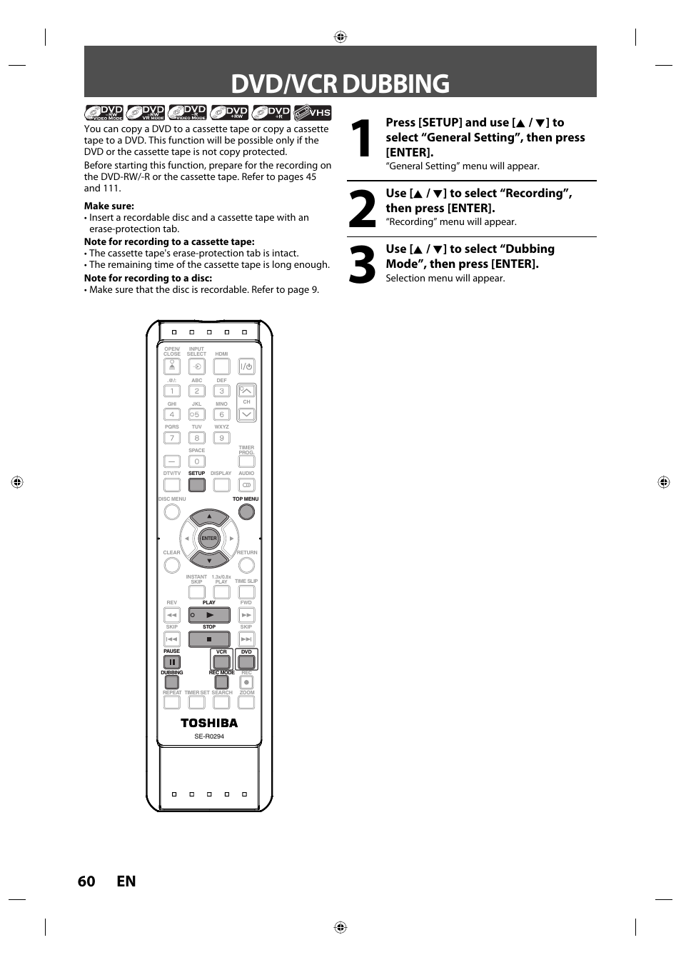 Dvd/vcr dubbing, 60 en | Toshiba DVR670KU User Manual | Page 60 / 124