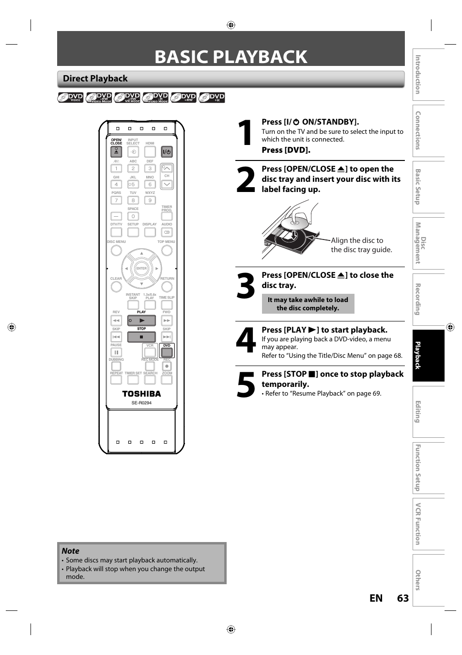 Basic playback, 63 en, Direct playback | Toshiba DVR670KU User Manual | Page 63 / 124