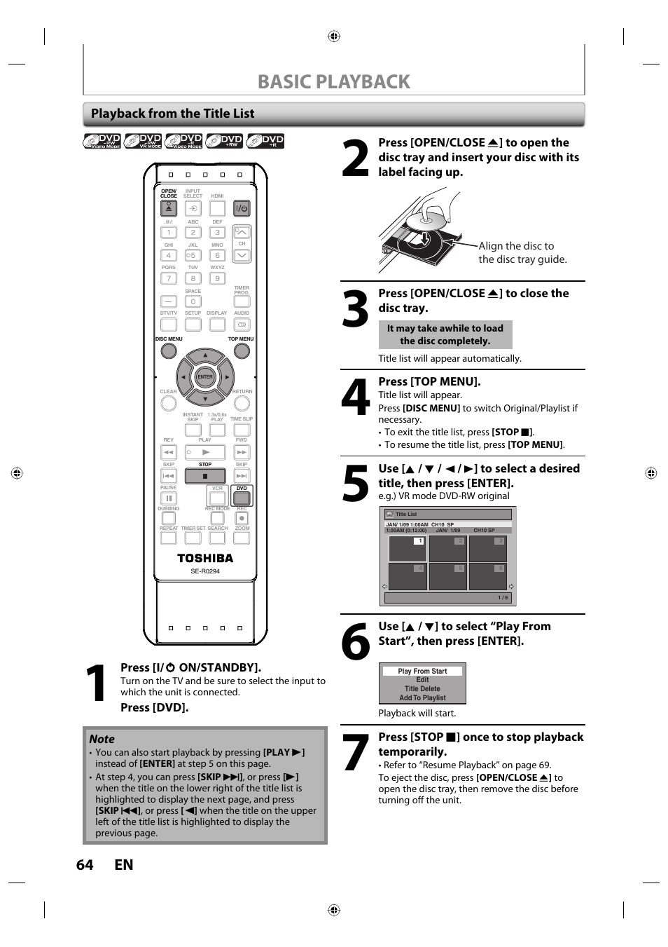 Basic playback, 64 en, Playback from the title list | Toshiba DVR670KU User Manual | Page 64 / 124