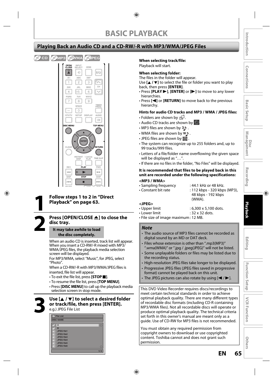 Basic playback, 65 en, Press [open/close a ] to close the disc tray | Toshiba DVR670KU User Manual | Page 65 / 124