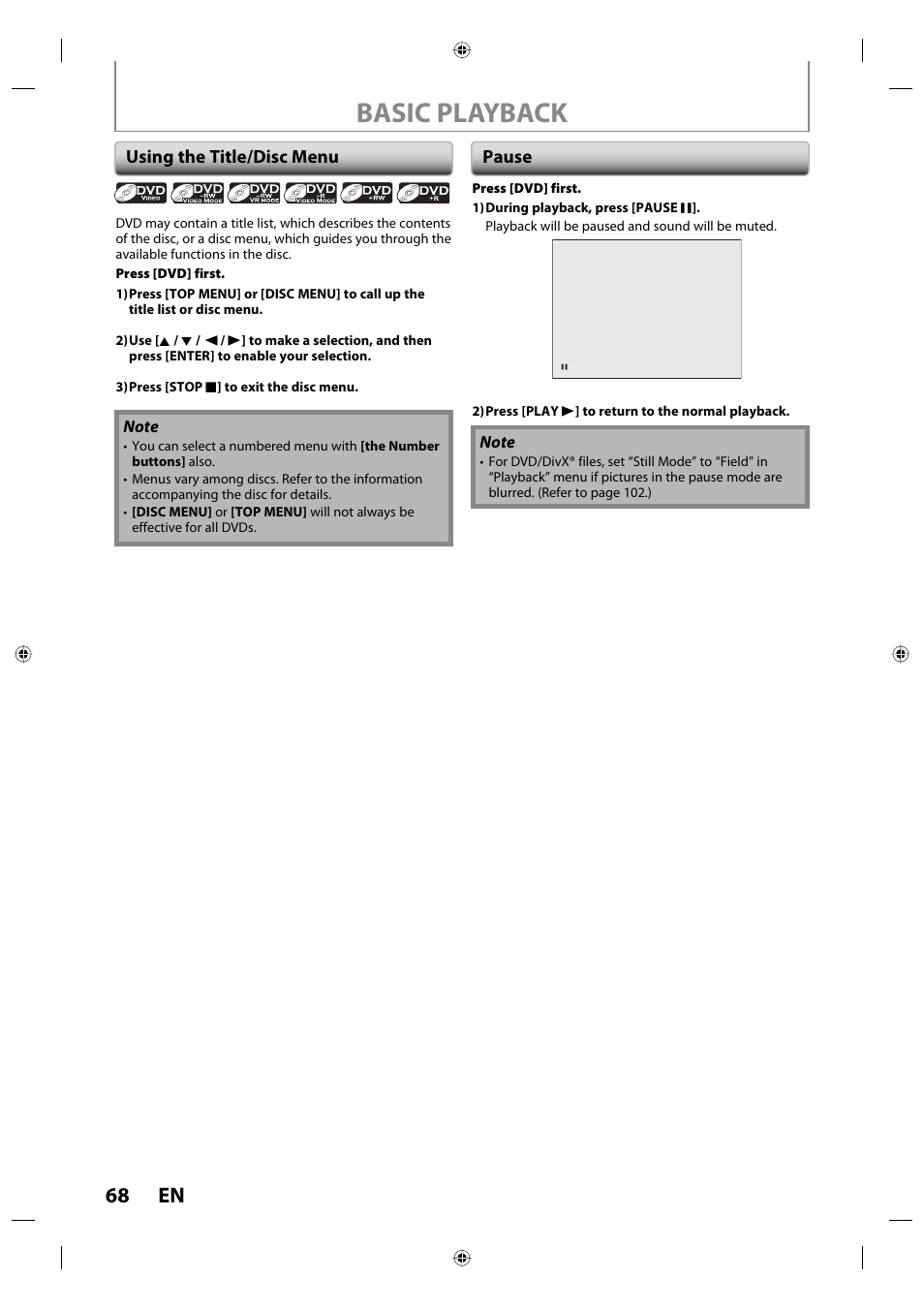 Basic playback, 68 en, Using the title/disc menu | Pause | Toshiba DVR670KU User Manual | Page 68 / 124