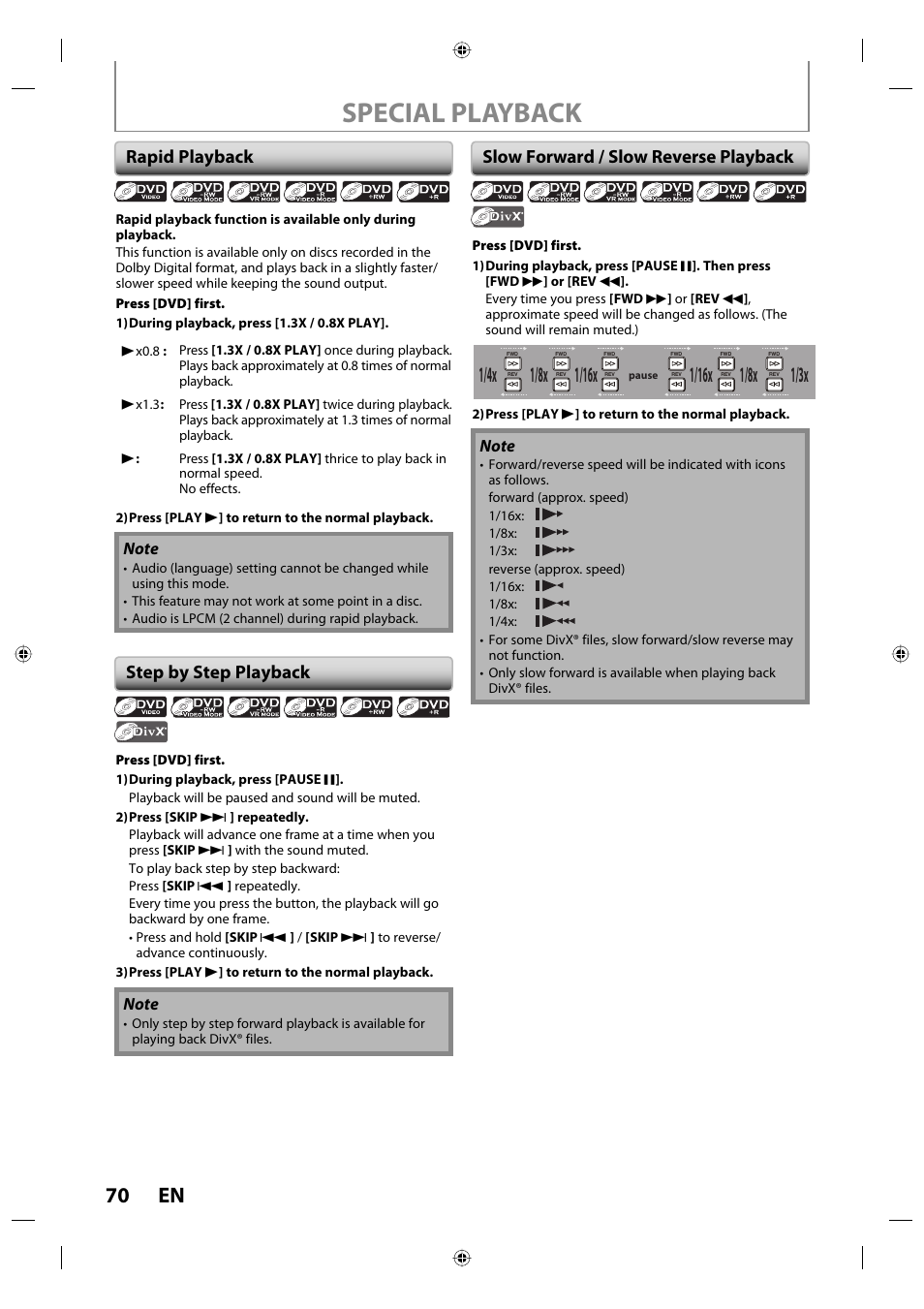 Special playback, 70 en, 1/8x | Rapid playback, Step by step playback, Slow forward / slow reverse playback | Toshiba DVR670KU User Manual | Page 70 / 124