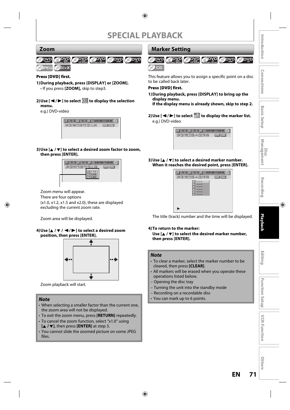 Special playback, 71 en, Zoom | Marker setting | Toshiba DVR670KU User Manual | Page 71 / 124