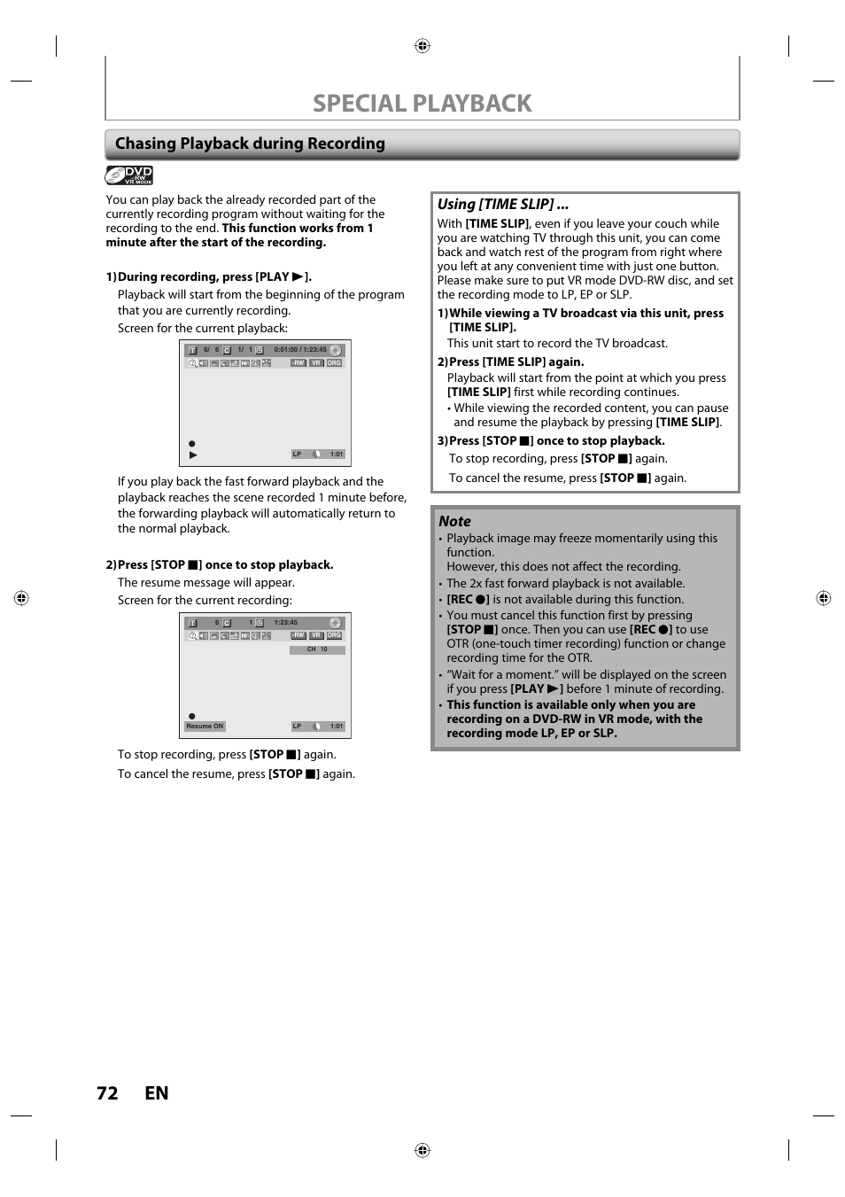 Special playback, 72 en, Chasing playback during recording | Using [time slip | Toshiba DVR670KU User Manual | Page 72 / 124