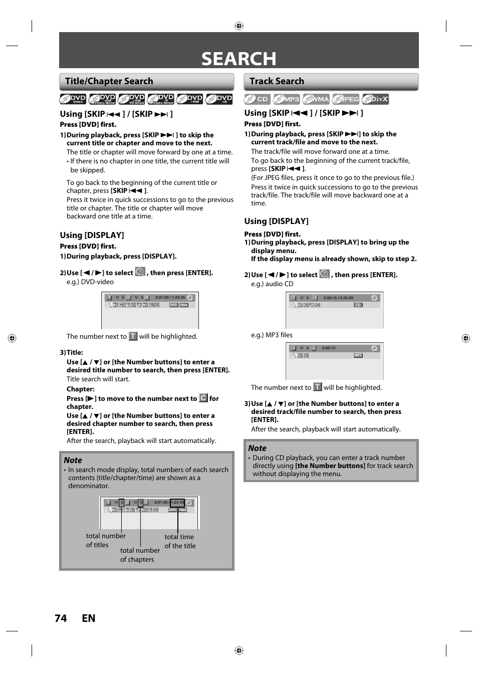 Search, 74 en, Title/chapter search | Track search | Toshiba DVR670KU User Manual | Page 74 / 124