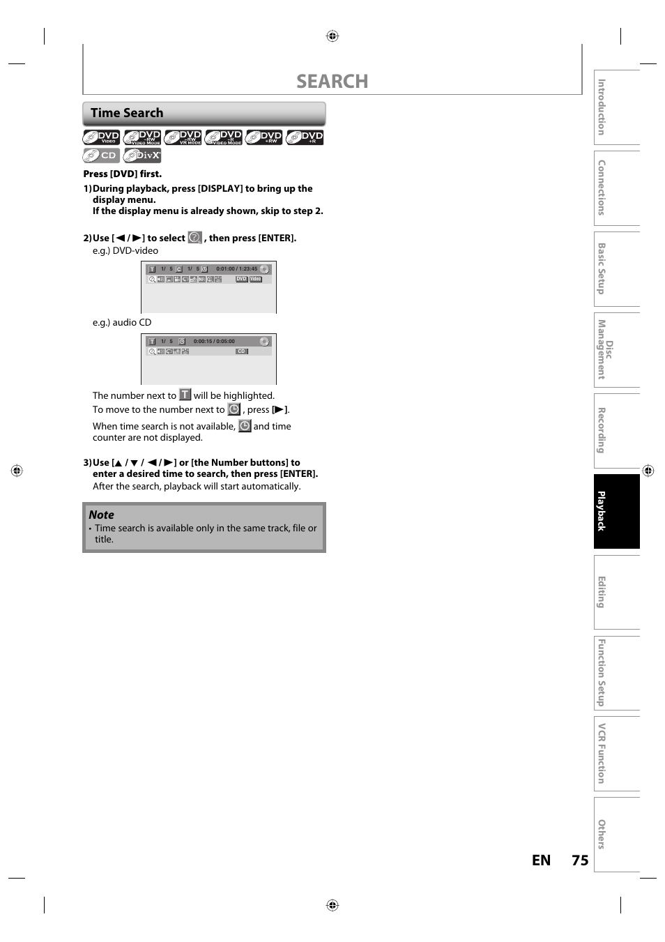 Search, 75 en, Time search | Toshiba DVR670KU User Manual | Page 75 / 124