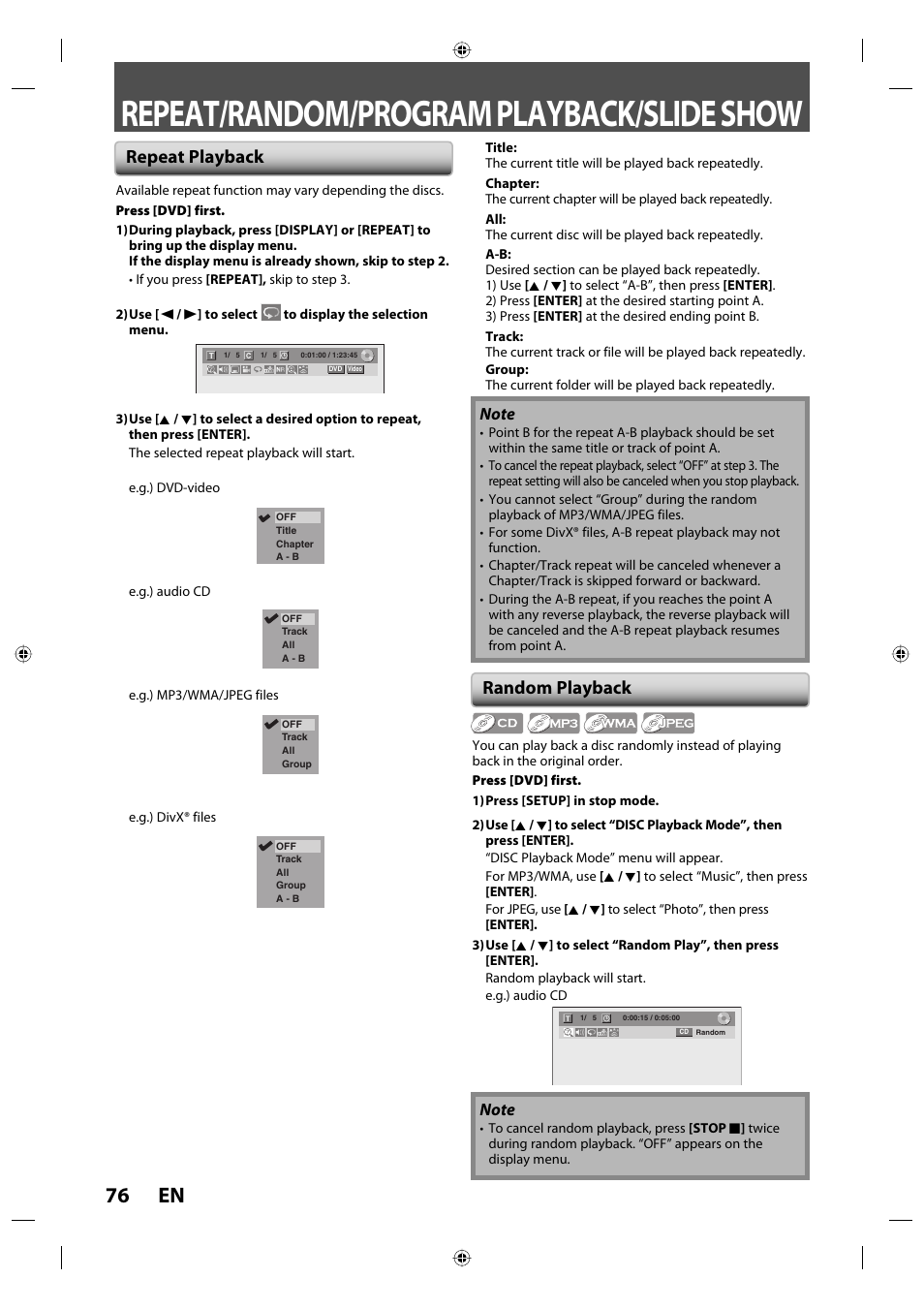 Repeat/random/program playback/slide show, 76 en, Repeat playback random playback | Toshiba DVR670KU User Manual | Page 76 / 124