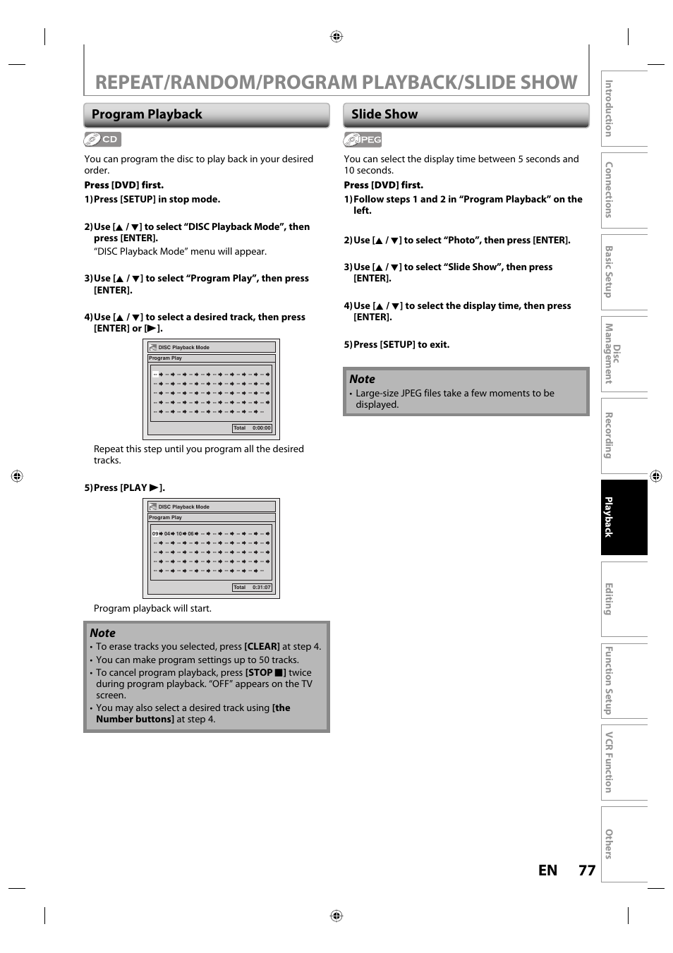 Repeat/random/program playback/slide show, 77 en, Program playback | Slide show, Program playback will start | Toshiba DVR670KU User Manual | Page 77 / 124