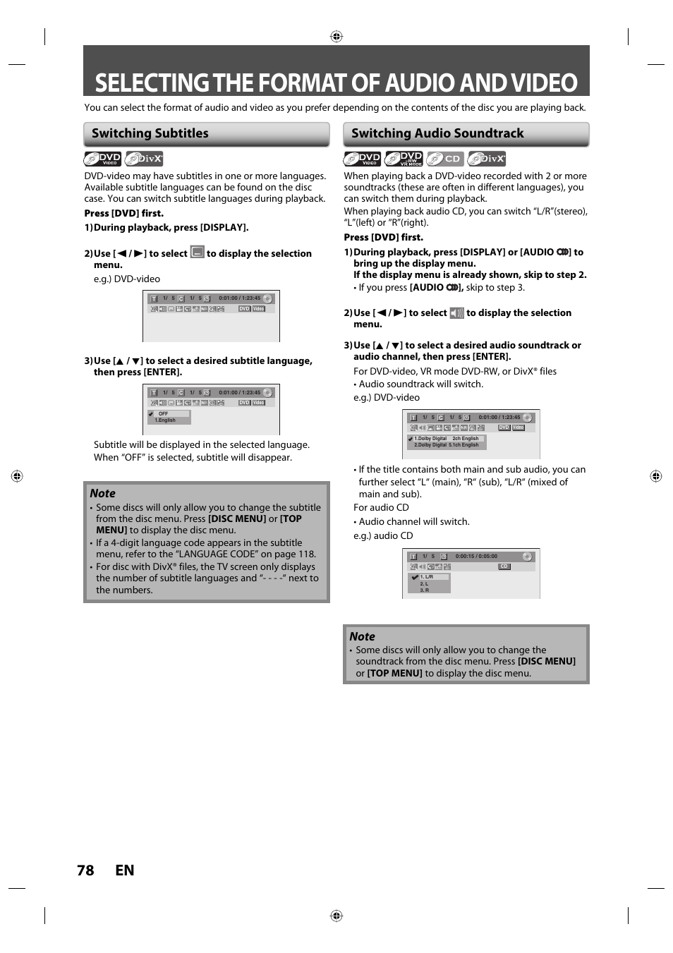 Selecting the format of audio and video, 78 en, Switching subtitles | Switching audio soundtrack | Toshiba DVR670KU User Manual | Page 78 / 124