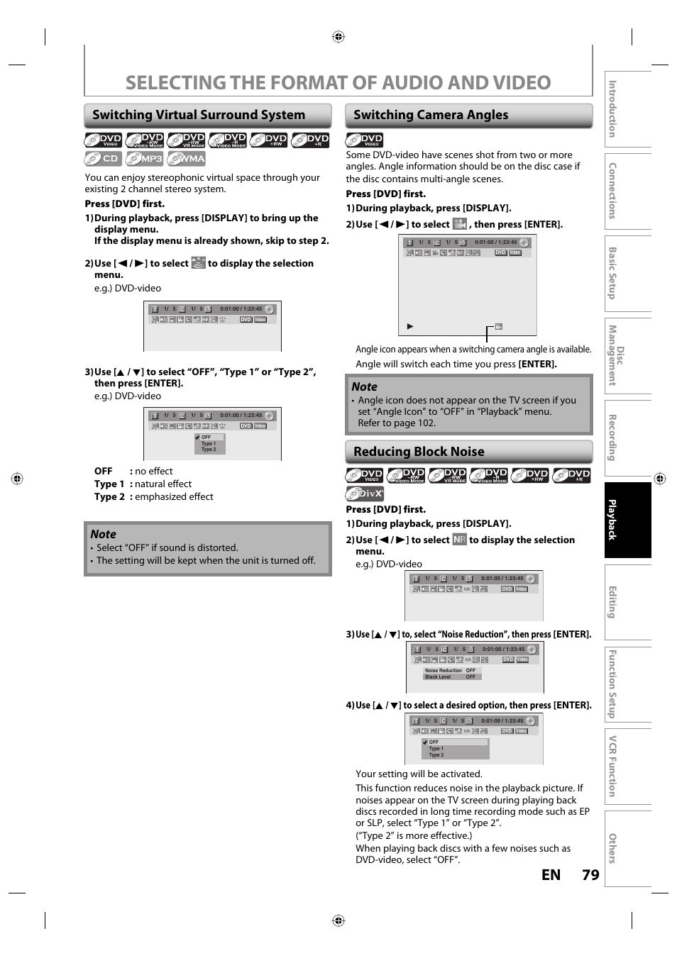 Selecting the format of audio and video, 79 en, Switching virtual surround system | Switching camera angles reducing block noise | Toshiba DVR670KU User Manual | Page 79 / 124