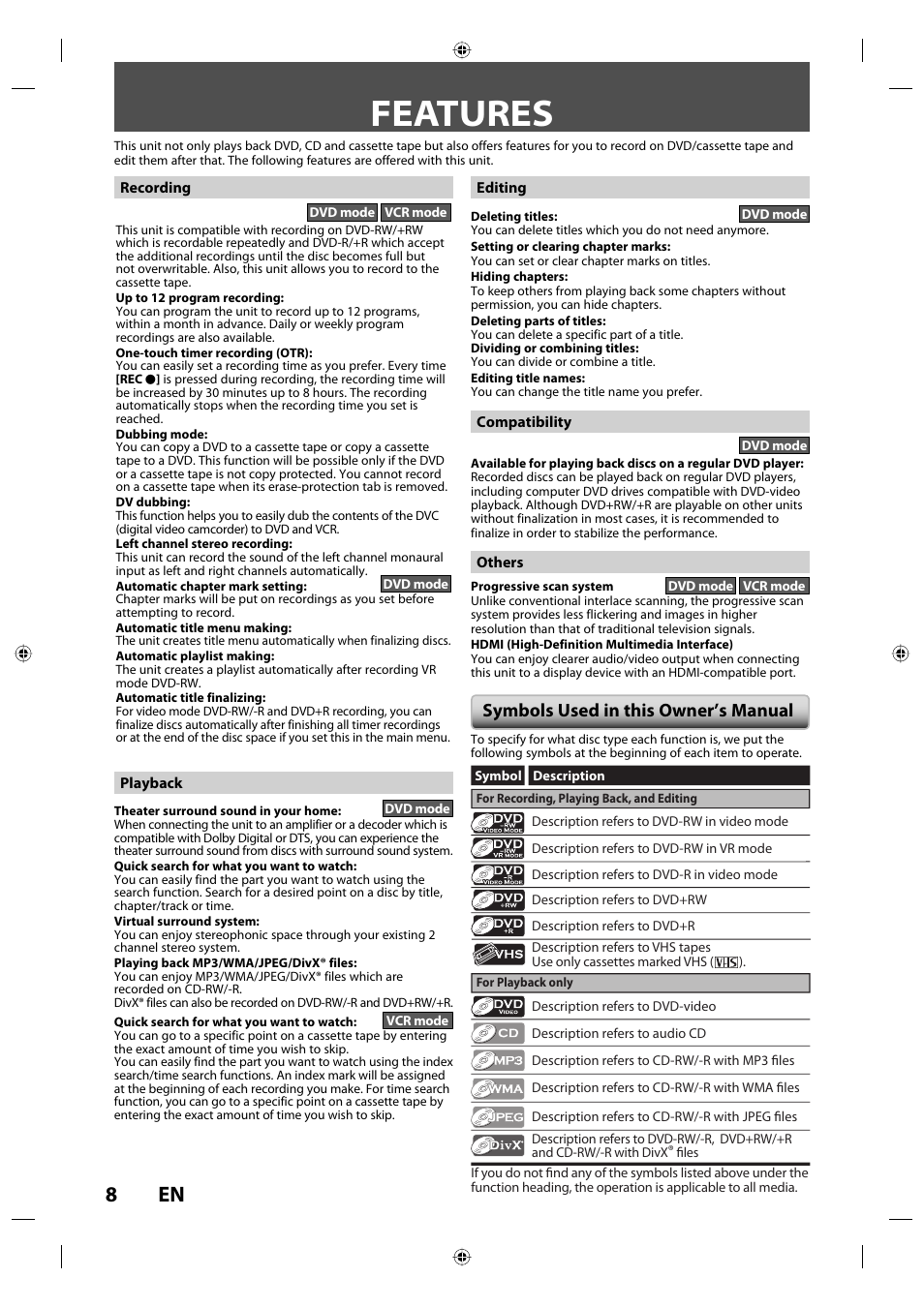 Features, Symbols used in this owner’s manual | Toshiba DVR670KU User Manual | Page 8 / 124