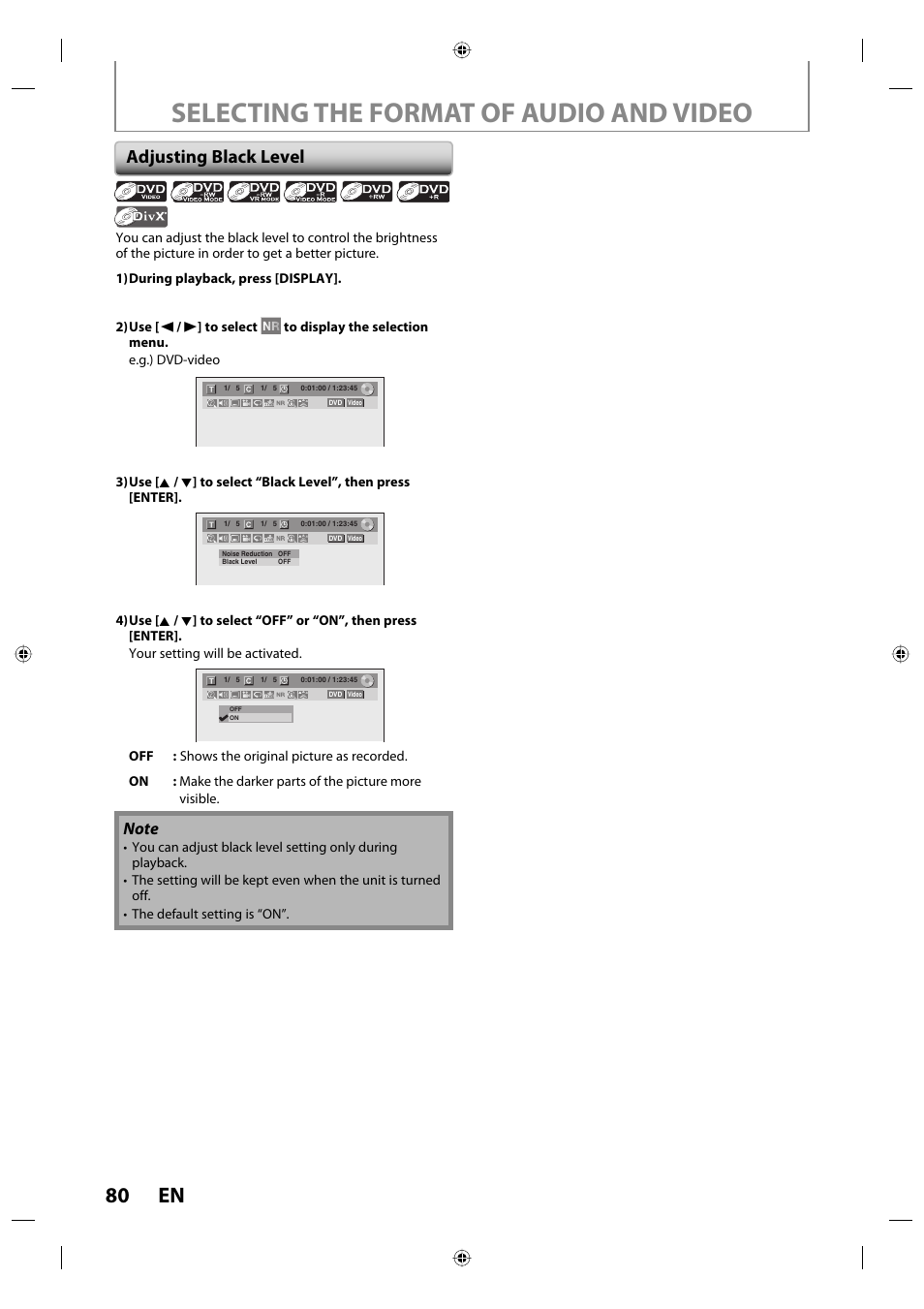 Selecting the format of audio and video, 80 en, Adjusting black level | Toshiba DVR670KU User Manual | Page 80 / 124