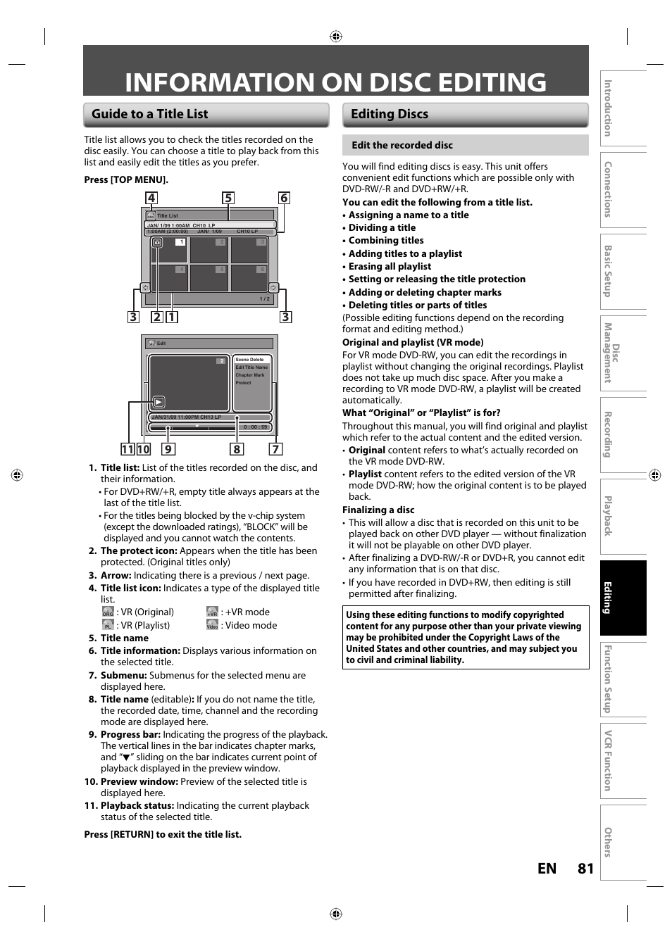 Information on disc editing, 81 en, Guide to a title list editing discs | Toshiba DVR670KU User Manual | Page 81 / 124