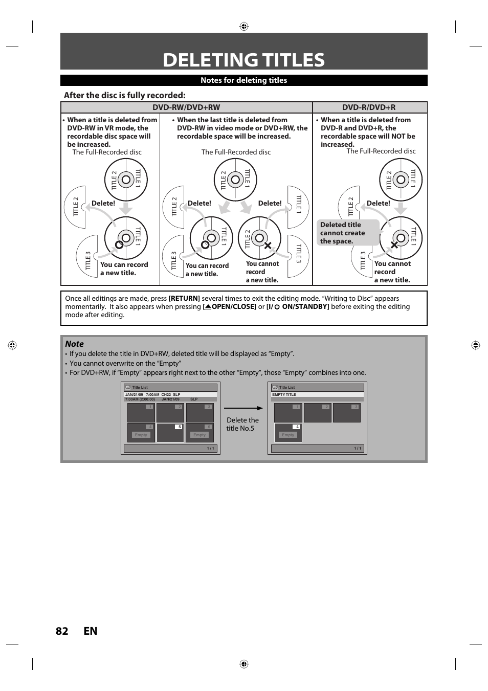 Deleting titles, 82 en, After the disc is fully recorded | Dvd-rw/dvd+rw dvd-r/dvd+r | Toshiba DVR670KU User Manual | Page 82 / 124