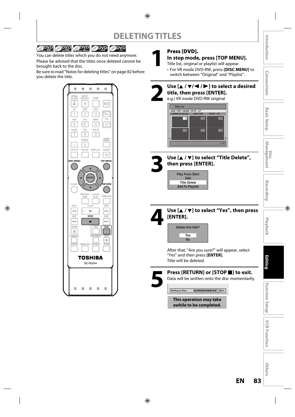 Deleting titles, 83 en, Press [dvd]. in stop mode, press [top menu | Use [ k / l ] to select “yes”, then press [enter, Press [return] or [stop c ] to exit | Toshiba DVR670KU User Manual | Page 83 / 124