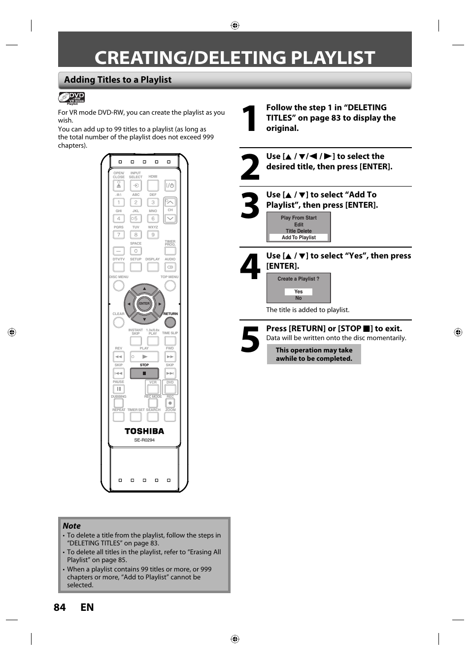 Creating/deleting playlist, 84 en, Adding titles to a playlist | Toshiba DVR670KU User Manual | Page 84 / 124