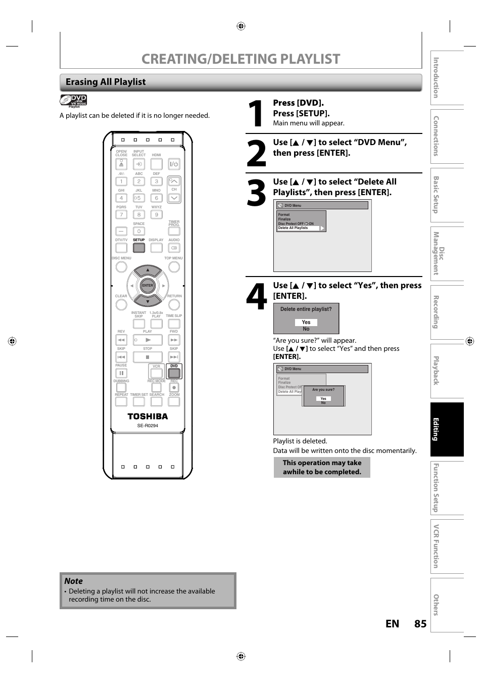 Creating/deleting playlist, 85 en, Erasing all playlist | Press [dvd]. press [setup, Use [ k / l ] to select “yes”, then press [enter | Toshiba DVR670KU User Manual | Page 85 / 124