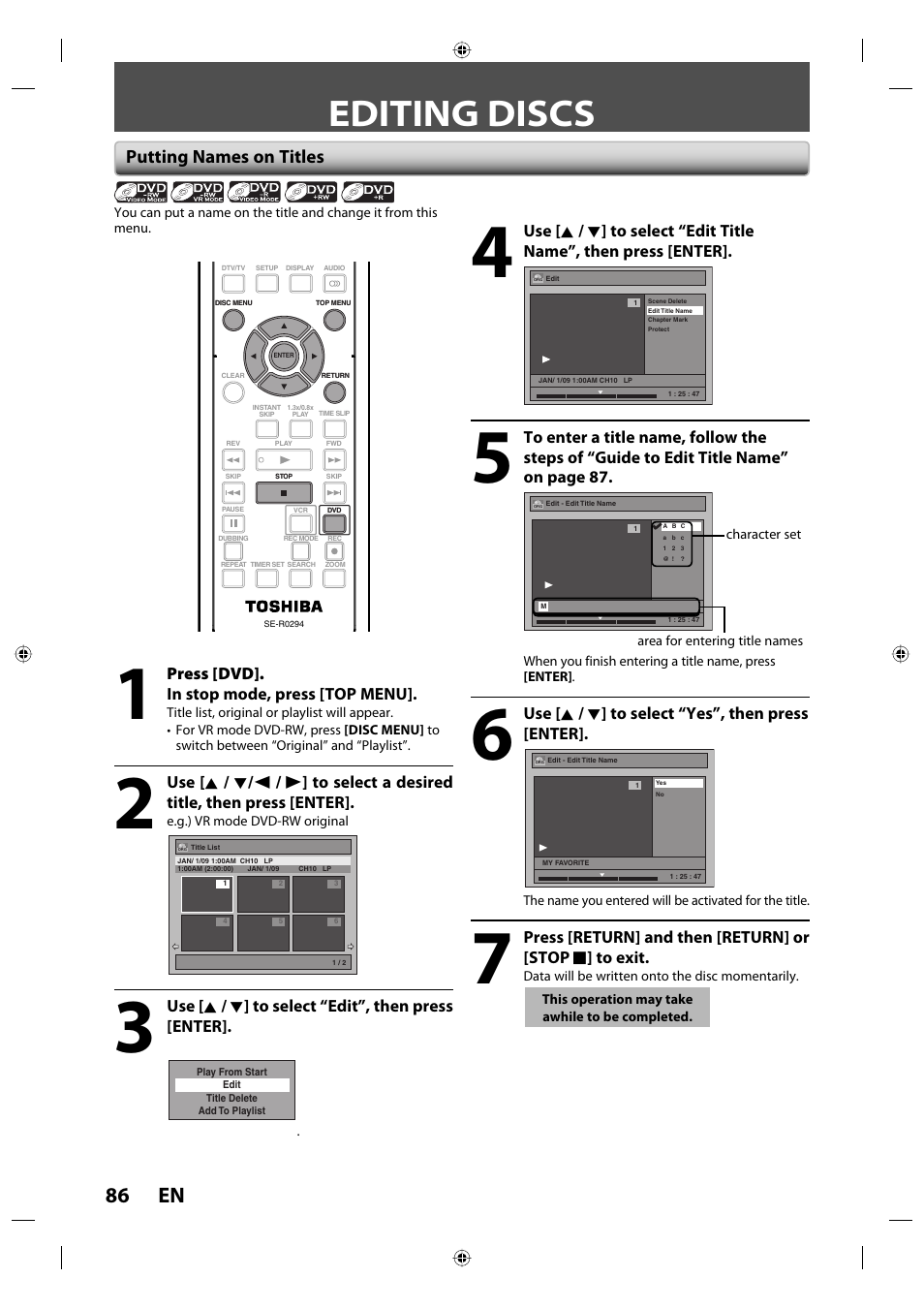 Editing discs, 86 en, Putting names on titles | Toshiba DVR670KU User Manual | Page 86 / 124