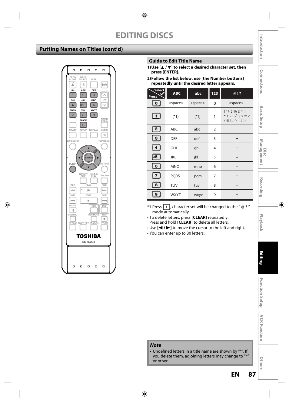 Editing discs, 87 en, Putting names on titles (cont’d) | Guide to edit title name | Toshiba DVR670KU User Manual | Page 87 / 124