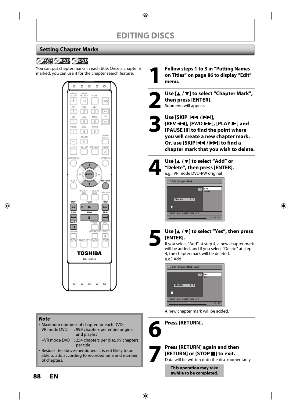 Editing discs, 88 en, Setting chapter marks | Toshiba DVR670KU User Manual | Page 88 / 124