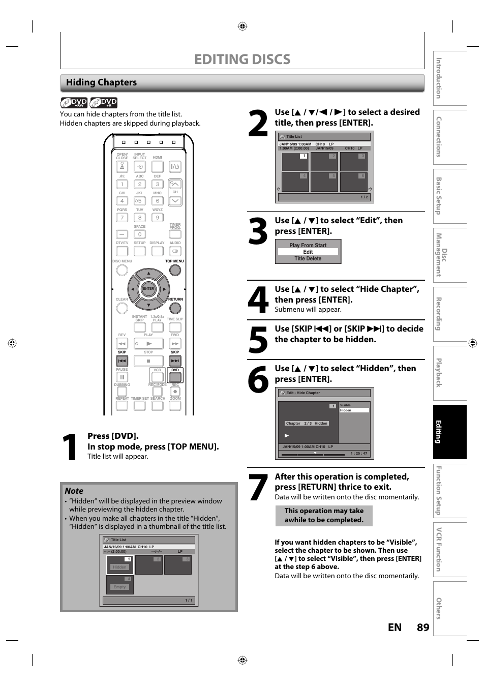 Editing discs, 89 en, Hiding chapters | Press [dvd]. in stop mode, press [top menu, Use [ k / l ] to select “edit”, then press [enter | Toshiba DVR670KU User Manual | Page 89 / 124