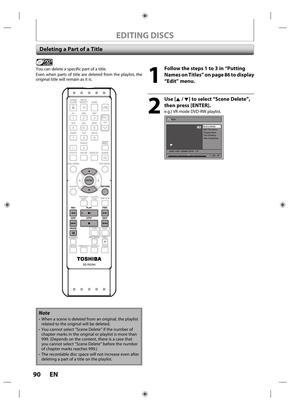 Editing discs, 90 en, Deleting a part of a title | Toshiba DVR670KU User Manual | Page 90 / 124