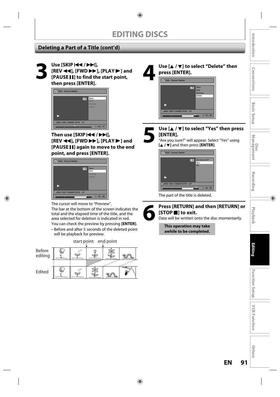 Editing discs, 91 en, Deleting a part of a title (cont’d) | Toshiba DVR670KU User Manual | Page 91 / 124