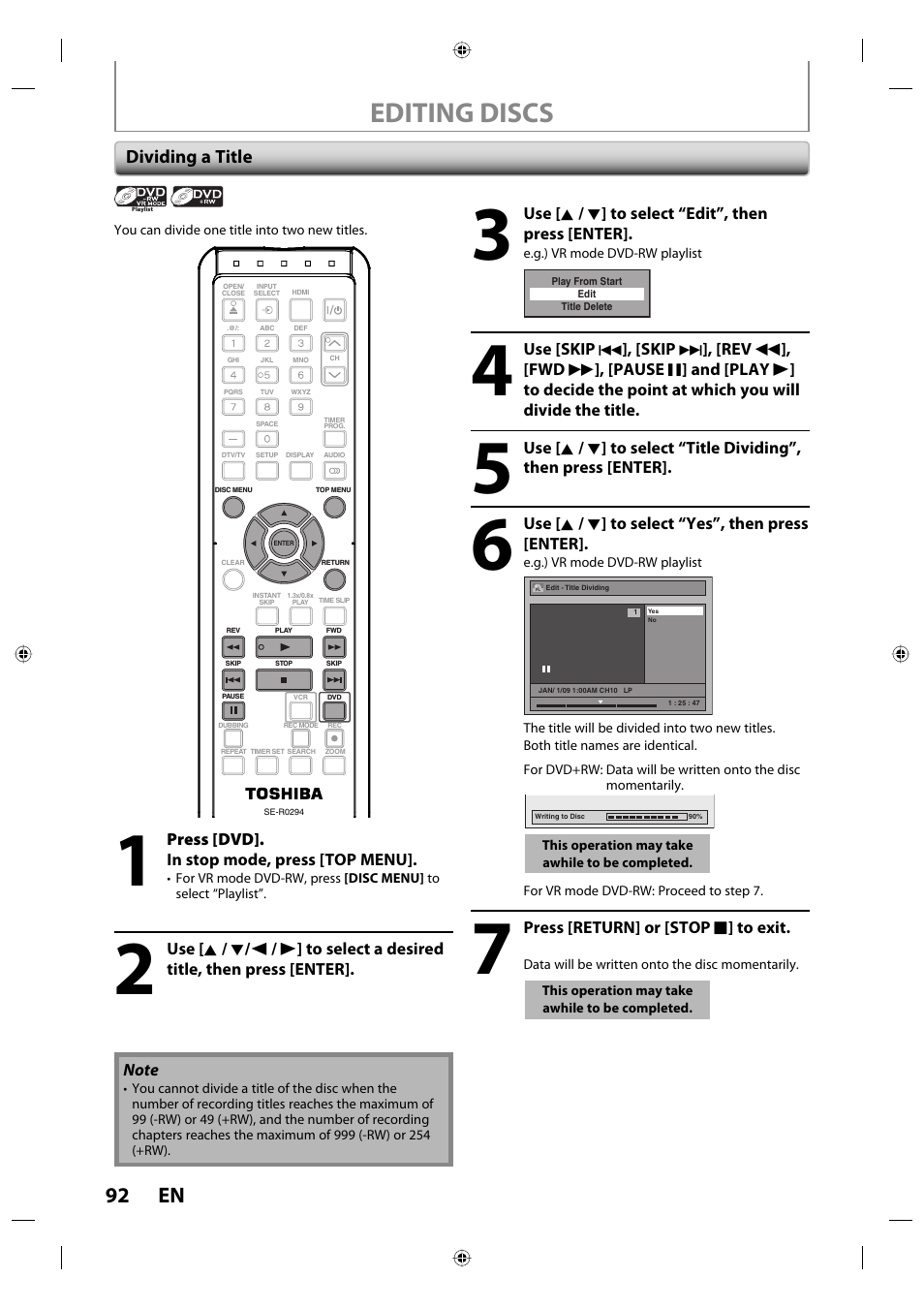 Editing discs, 92 en, Dividing a title | Toshiba DVR670KU User Manual | Page 92 / 124