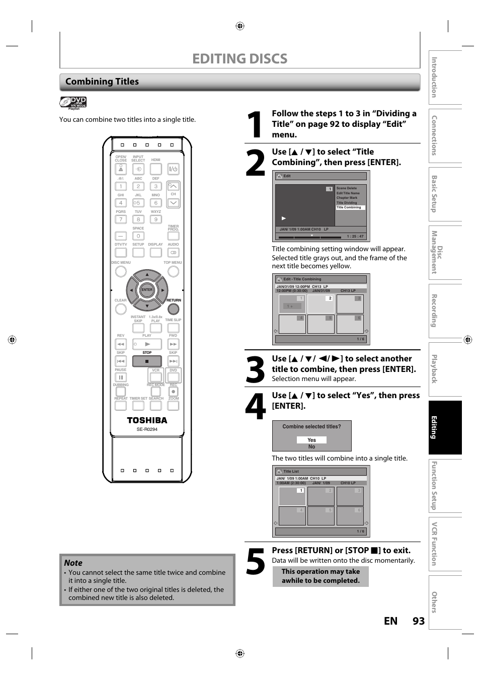 Editing discs, 93 en, Combining titles | Use [ k / l ] to select “yes”, then press [enter, Press [return] or [stop c ] to exit | Toshiba DVR670KU User Manual | Page 93 / 124