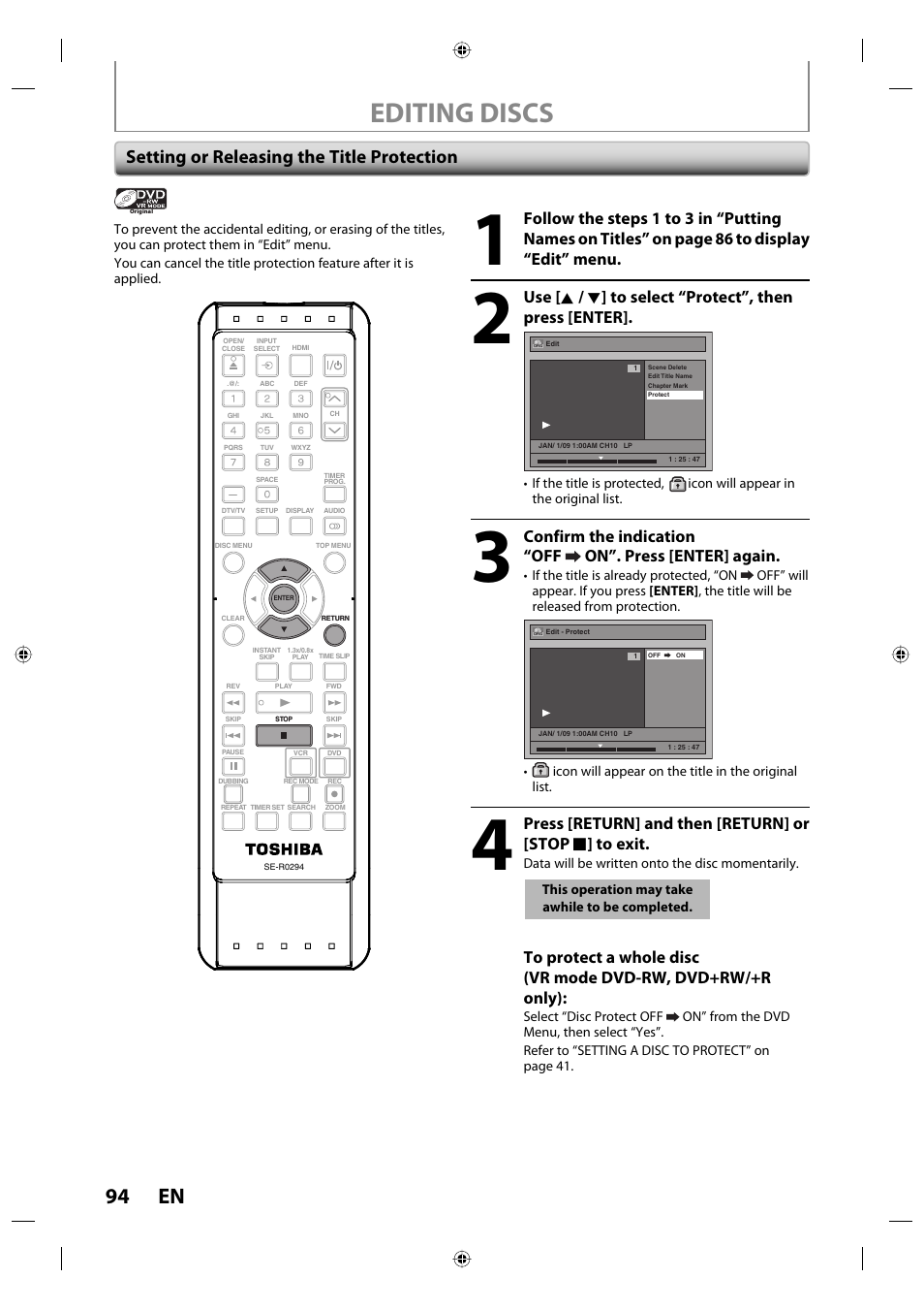 Editing discs, 94 en, Setting or releasing the title protection | Toshiba DVR670KU User Manual | Page 94 / 124