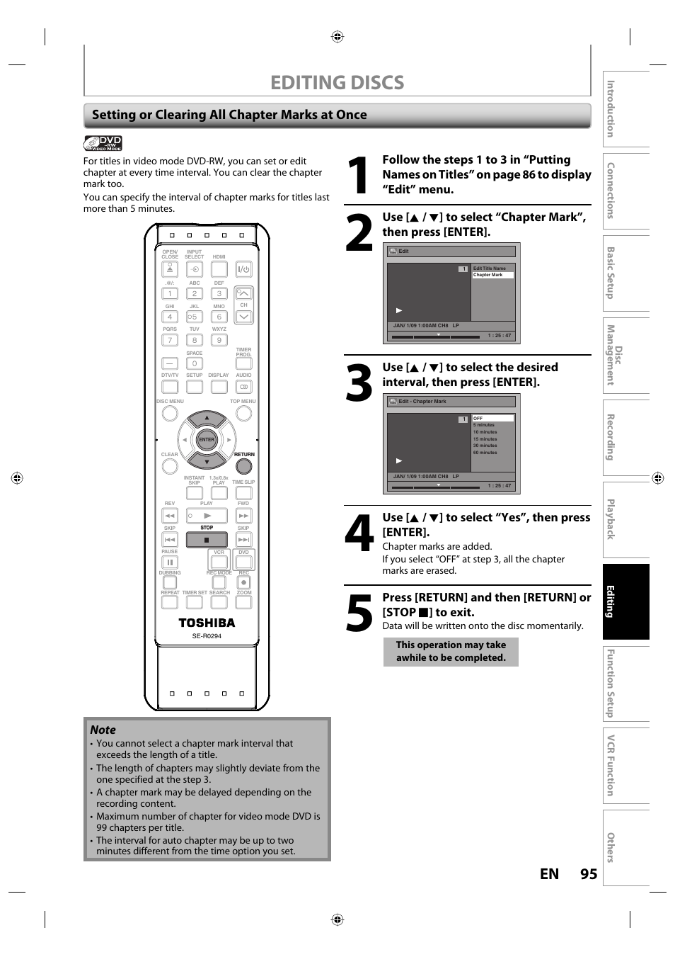 Editing discs, 95 en, Setting or clearing all chapter marks at once | Use [ k / l ] to select “yes”, then press [enter | Toshiba DVR670KU User Manual | Page 95 / 124