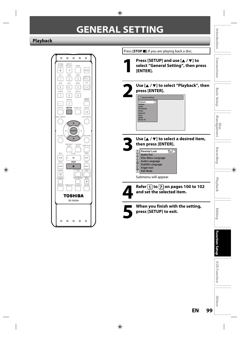 General setting, 99 en, Playback | Toshiba DVR670KU User Manual | Page 99 / 124