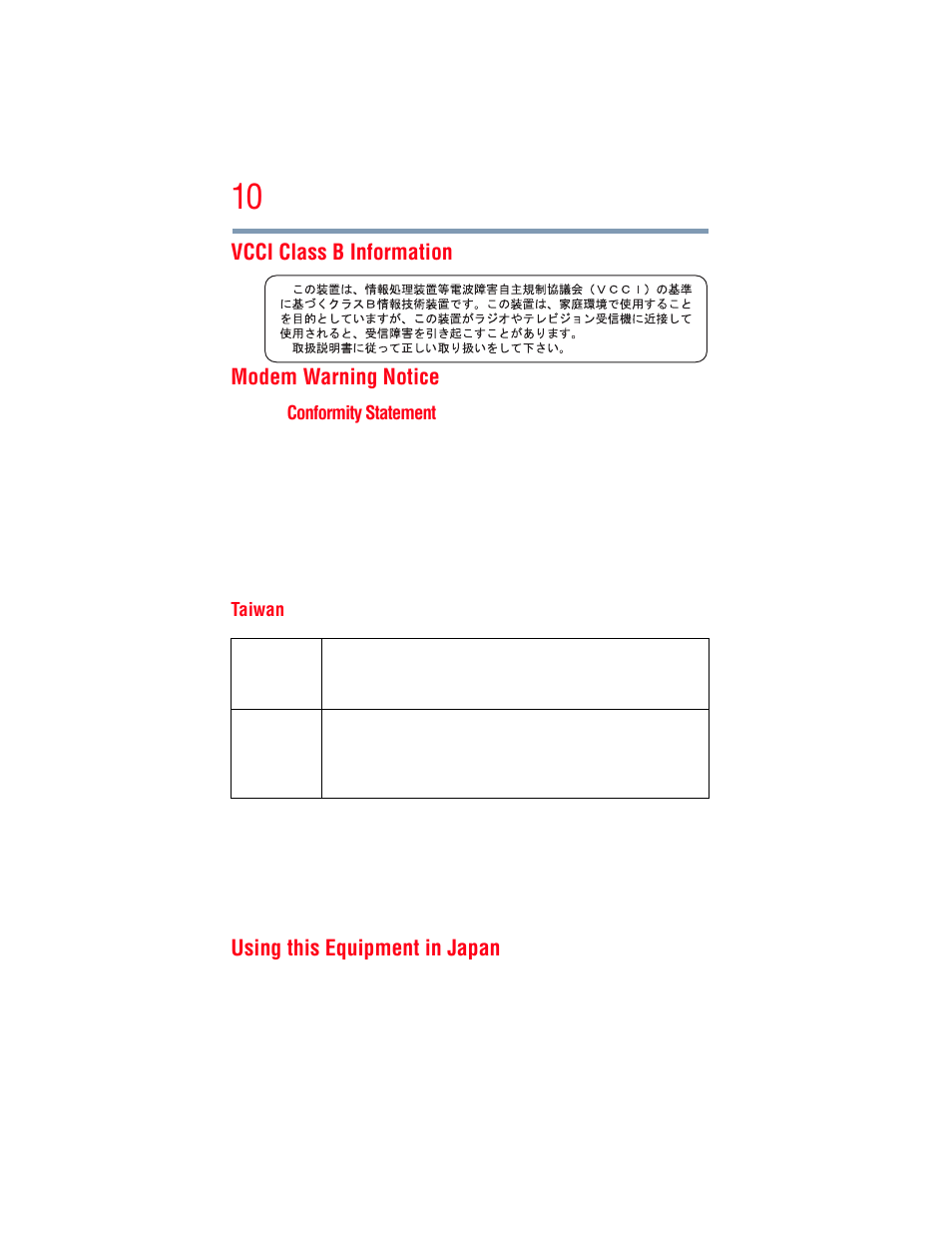 Vcci class b information modem warning notice, Using this equipment in japan | Toshiba A205 User Manual | Page 10 / 237