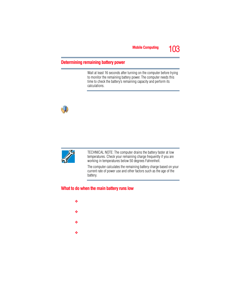 Determining remaining battery power, What to do when the main battery runs low | Toshiba A205 User Manual | Page 103 / 237