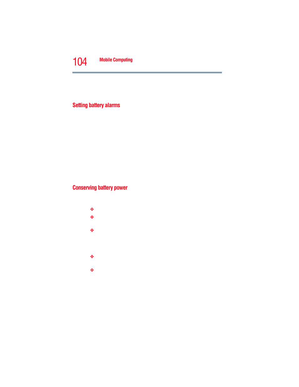 Setting battery alarms, Conserving battery power, Setting battery alarms conserving battery power | Toshiba A205 User Manual | Page 104 / 237