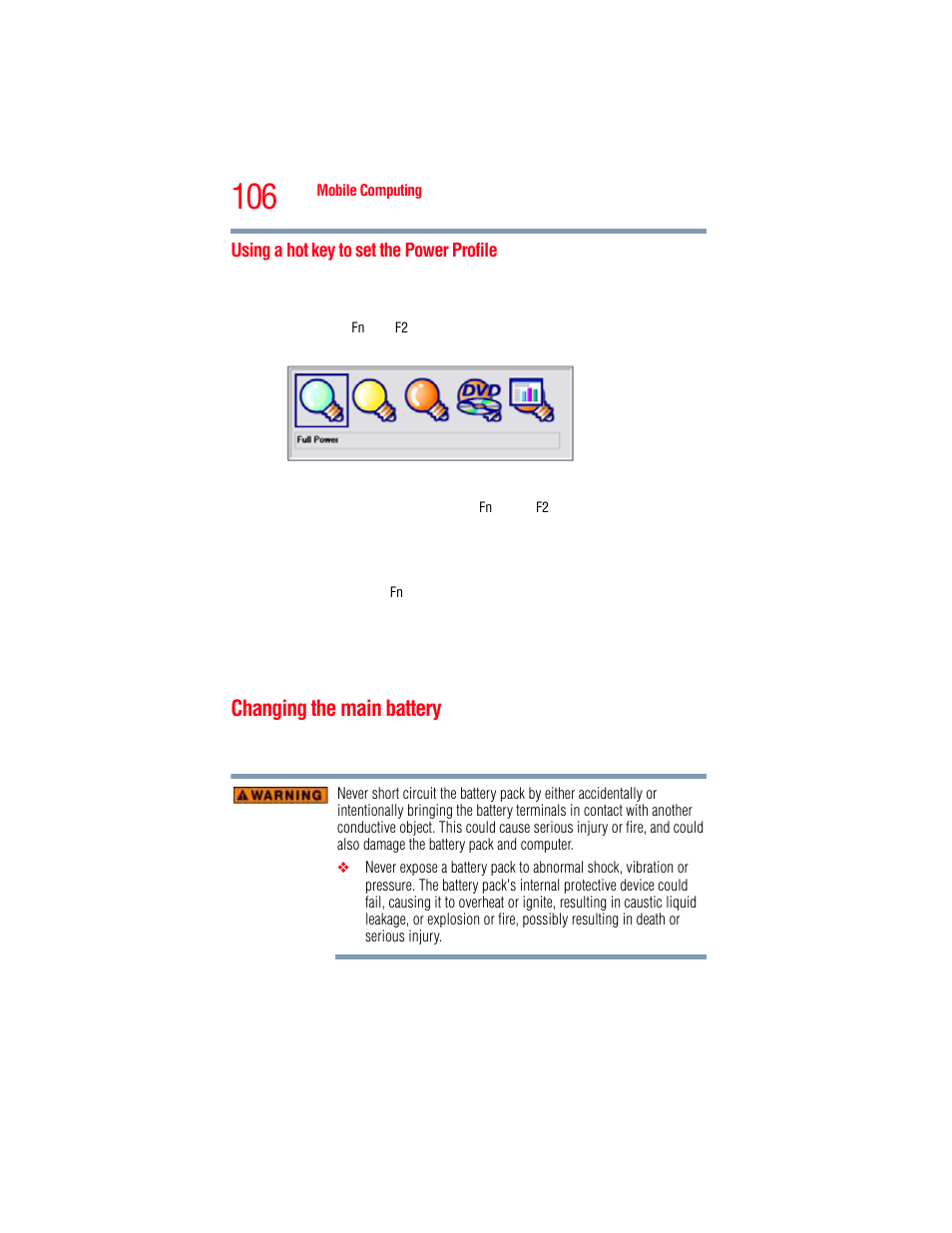 Using a hot key to set the power profile, Changing the main battery | Toshiba A205 User Manual | Page 106 / 237