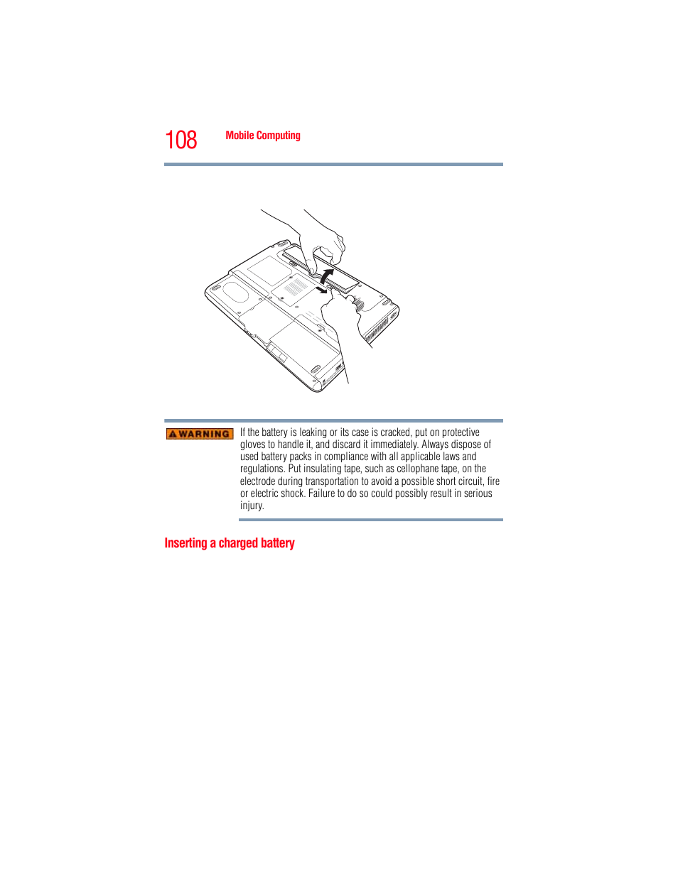 Inserting a charged battery | Toshiba A205 User Manual | Page 108 / 237