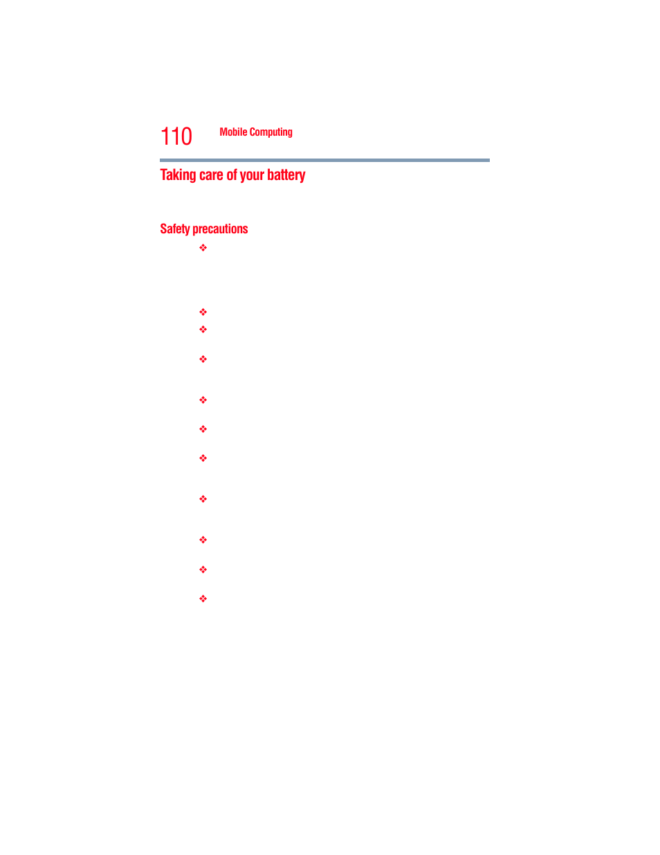 Taking care of your battery, Safety precautions | Toshiba A205 User Manual | Page 110 / 237