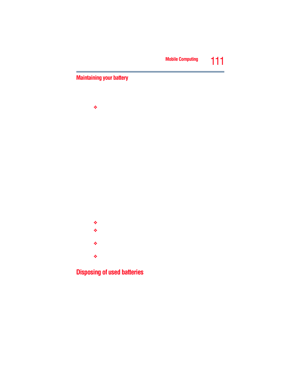 Maintaining your battery, Disposing of used batteries | Toshiba A205 User Manual | Page 111 / 237