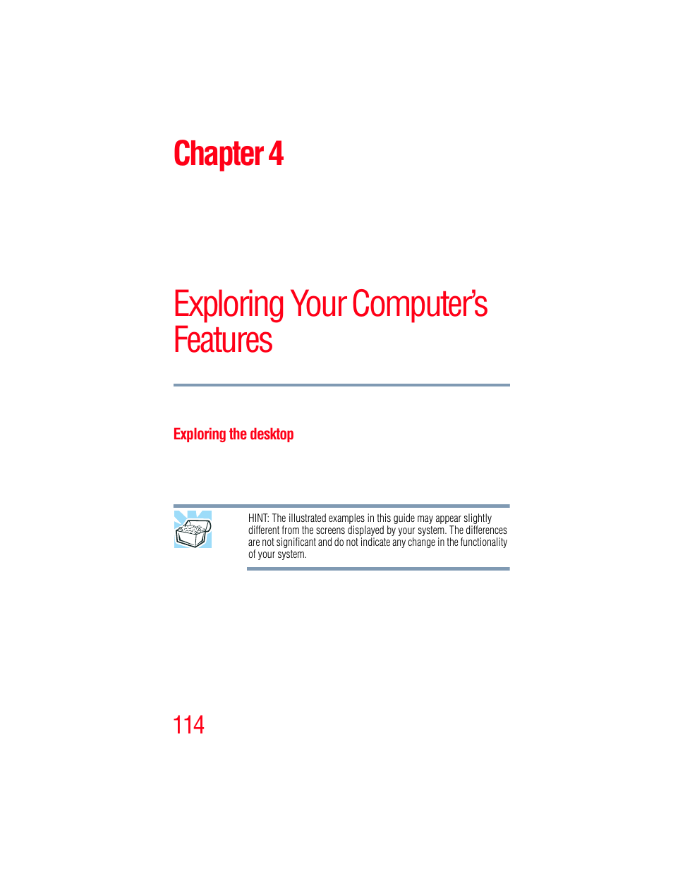 Chapter 4: exploring your computer’s features, Exploring the desktop, Exploring your computer’s features | Chapter 4 | Toshiba A205 User Manual | Page 114 / 237