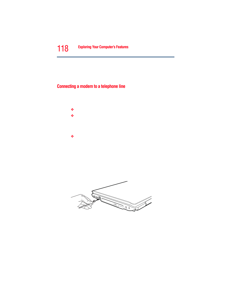 Connecting a modem to a telephone line | Toshiba A205 User Manual | Page 118 / 237